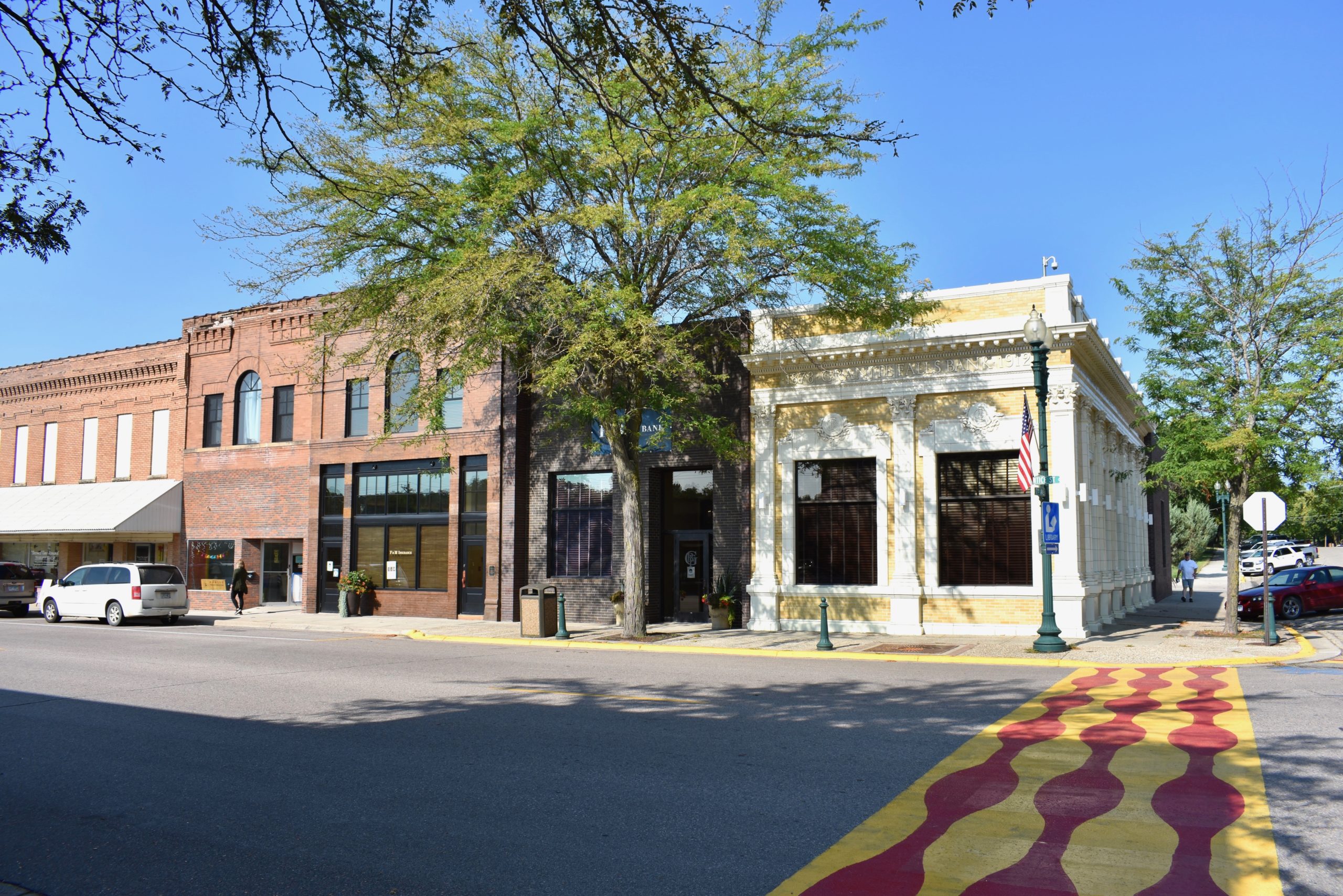 Downtown Granite Falls with yellow and red cross walk
