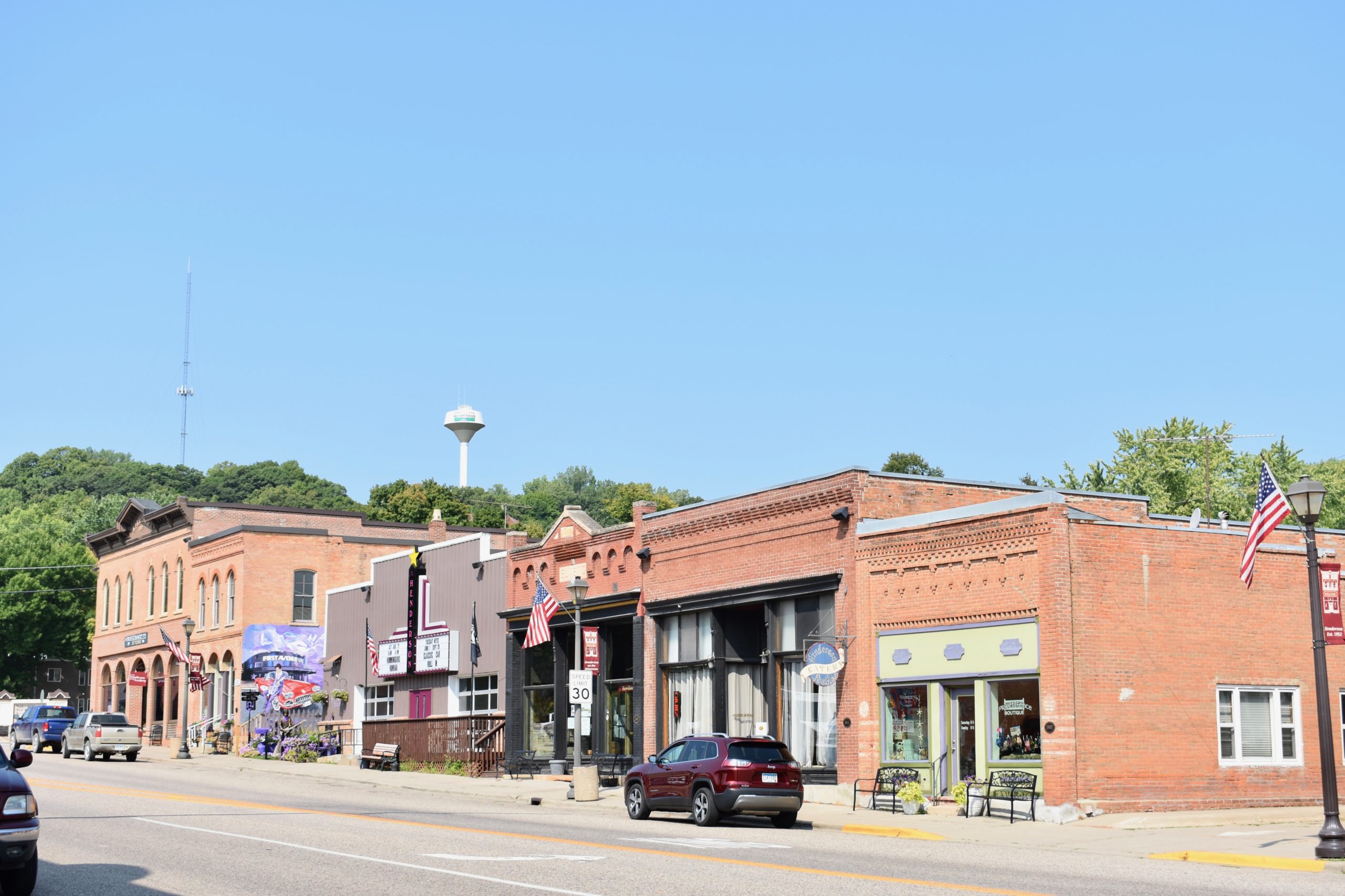 Historic district street view. Water tower in background.