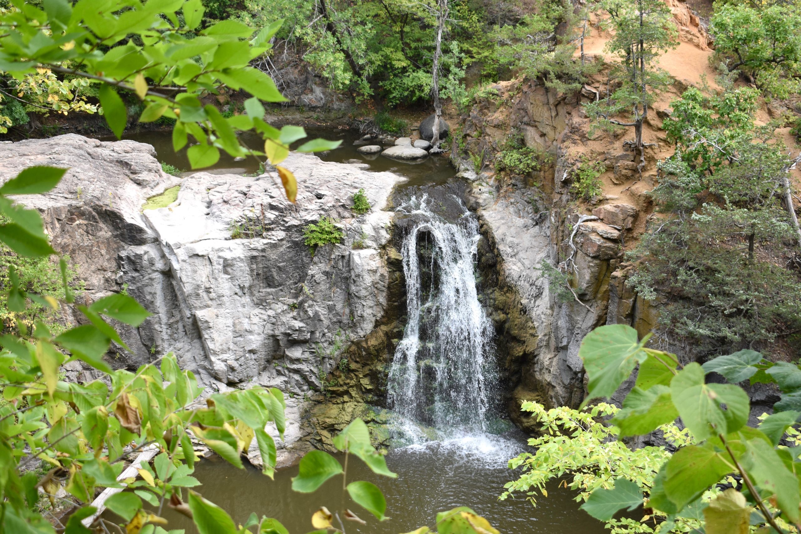 waterfall in background center. Tree leaves surrounding waterfall in foreground