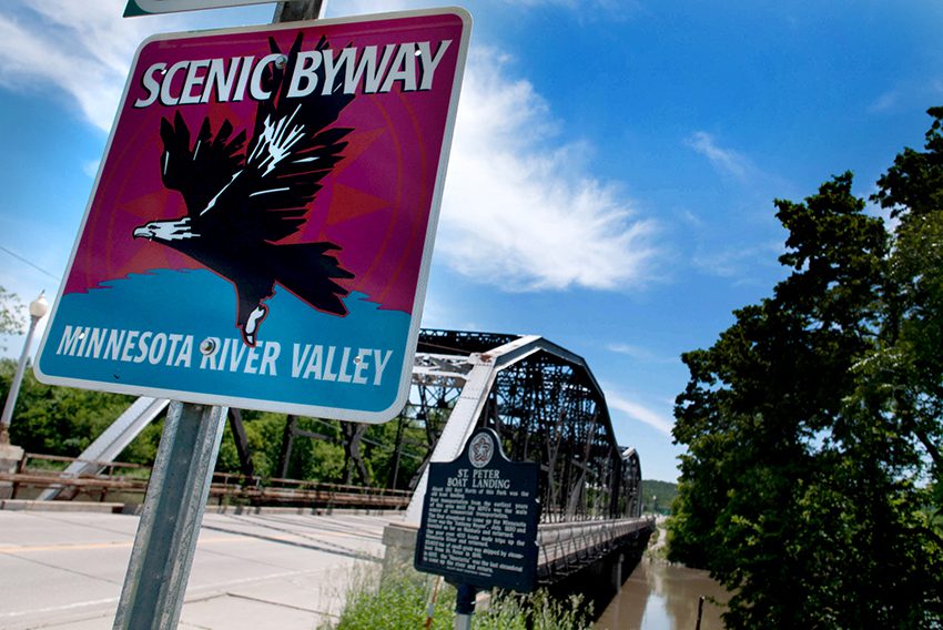 Minnesota River Valley Scenic Byway sign in St. Peter